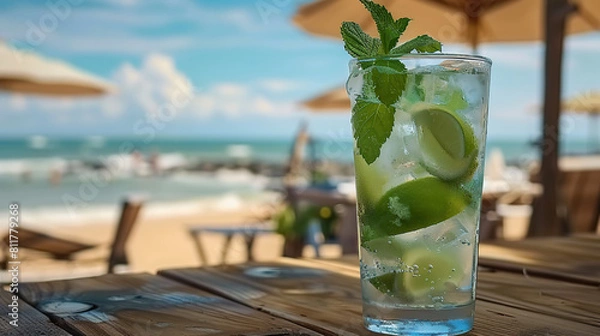 Fototapeta Mojito at a serene beach setting, offering a refreshing escape and a tropical sip of relaxation