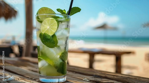 Fototapeta Mojito at a serene beach setting, offering a refreshing escape and a tropical sip of relaxation