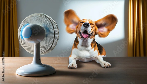 Fototapeta Happy dog enjoying breeze from a table fan.