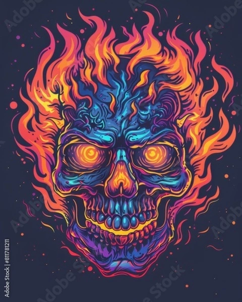Fototapeta A skull adorned with vibrant flames against a black background for t-shirt graphic design