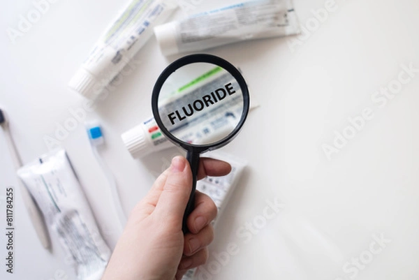 Fototapeta Dangerous toothpaste ingredient fluoride. Checking the composition of toothpaste with a magnifying glass against the background of many tubes