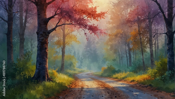 Fototapeta watercolor painting of a dense forest with a path running through 