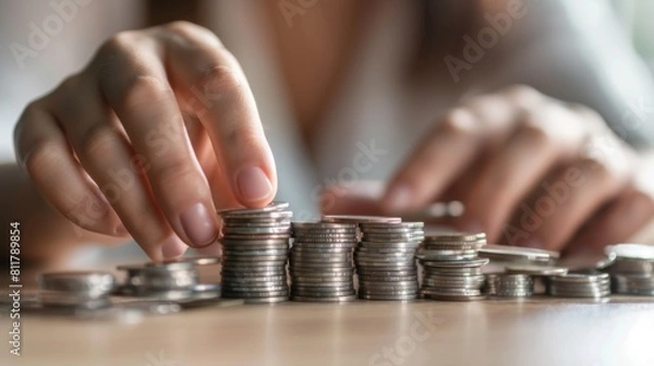 Obraz A Person Stacking Coins Carefully