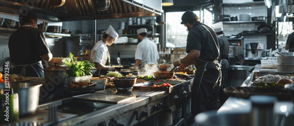 Fototapeta Bustling commercial kitchen in action, chefs preparing gourmet meals.