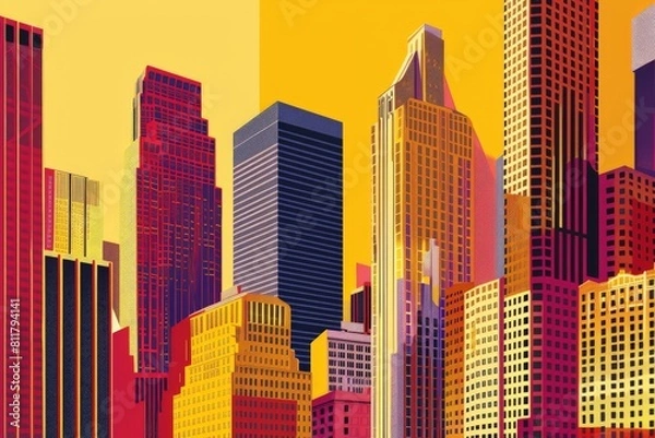 Fototapeta High-rise houses of the metropolis in the clouds. Roofs of skyscrapers in the blue sky. Multicast vector.. Beautiful simple AI generated image in 4K, unique.