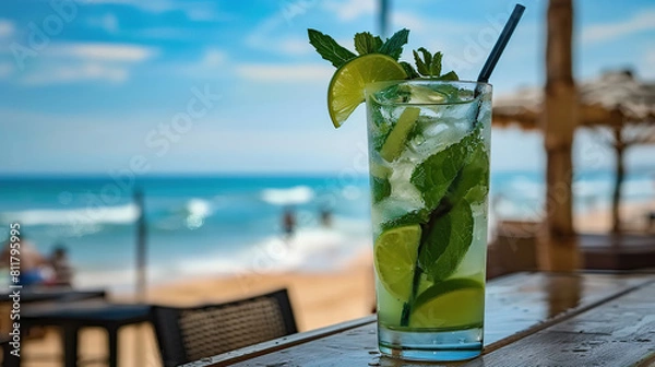 Fototapeta Mojito at a serene beach setting, offering a refreshing escape and a tropical sip of relaxation