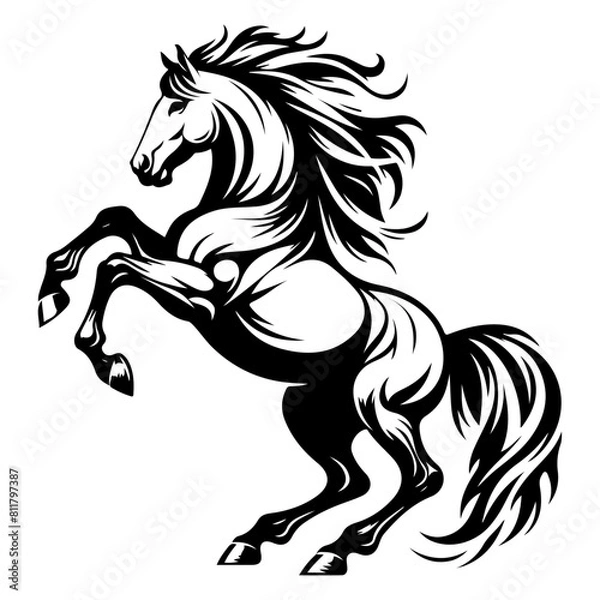 Fototapeta Dynamic black and white illustration of a rearing horse with a flowing mane and tail, depicted in a bold, graphic style.