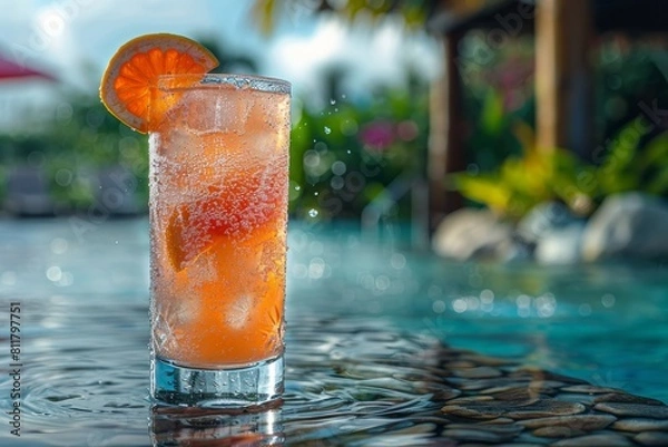Fototapeta A tall glass of orange cocktail with a slice, set against a pool background, capture the essence of tropical relaxation