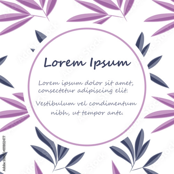 Fototapeta Card with a round frame and a pattern of purple and pink leaves. Invitation card for holiday, birthday, wedding.