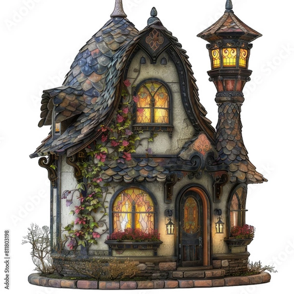 Fototapeta Welcome to the world of magic and wonder! This enchanting cottage is nestled deep in the heart of the forest, surrounded by lush greenery and sparkling streams