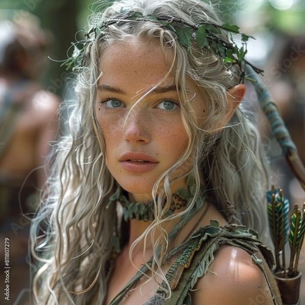 Fototapeta Portrait of a posing blue eyed fantasy female Ranger elf pathfinder with long brown hair wearing ornate leather armor and equipped with a elven spear. 3d rendering with a mythical forest background