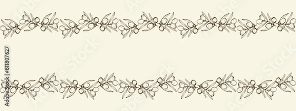 Obraz Decorative horizontal seamless border, painted olive branches on beige background. Delicate seamless herbal pattern. Hand drawn olives.