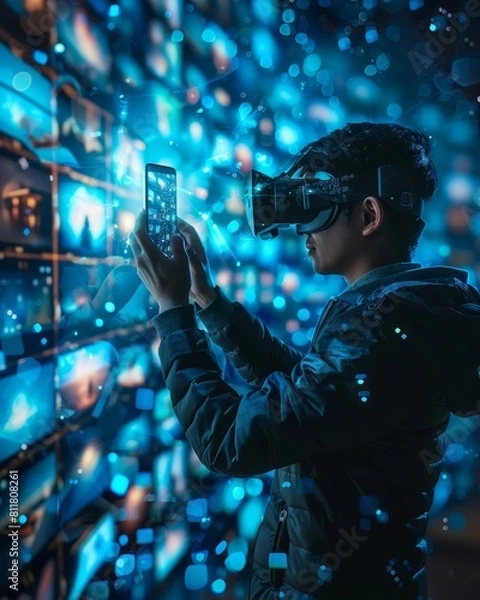 Fototapeta Virtual Reality Internet Interface Asian Businessman Uses Smartphone in 3D Cyberspace Environment Browses Websites