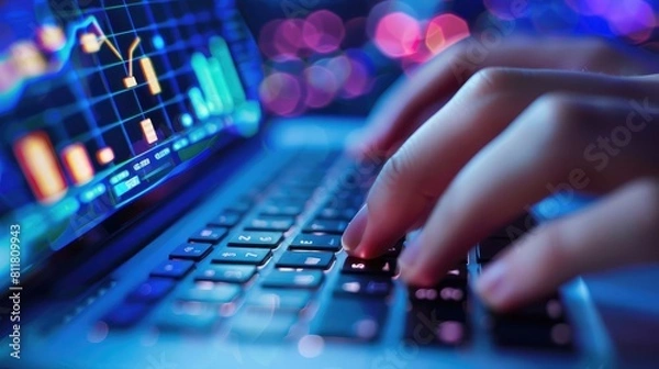 Fototapeta Digital Finance: Hands typing on a keyboard with financial graphs on the screen.