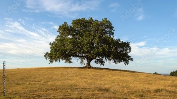 Fototapeta Majestic Oak: Lone oak tree standing tall in a vast field.