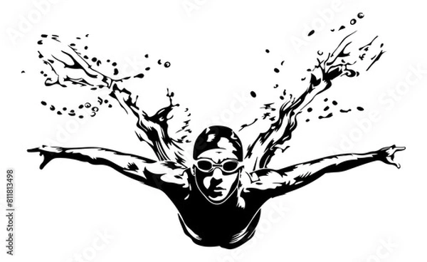 Fototapeta Dynamic black and white illustration of a swimmer diving gracefully into water, creating a splash.