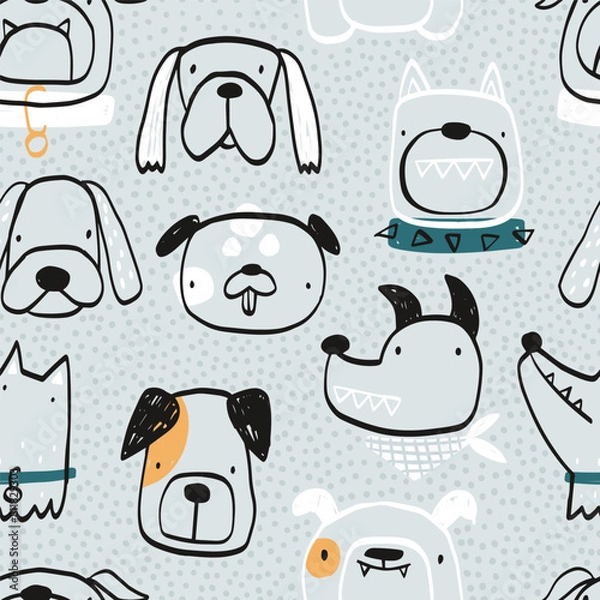 Fototapeta Vector hand-drawn color seamless repeating childish simple pattern with cute dogs, bones in Scandinavian style on a blue background. Children's texture with dogs. Dogs print. Pets.