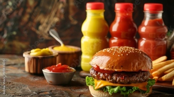 Obraz Classic Cheeseburger Meal with Condiments and Sides on Rustic Background