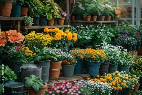 Fototapeta A vibrant assortment of flowering plants and greenery arranged neatly for sale, showcasing nature's beauty in a multitude of colors and shapes