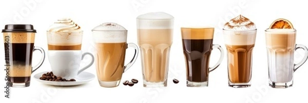 Fototapeta Set types of coffee drinks isolated on white background