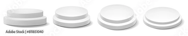 Obraz Set of empty white podiums, modern pedestals and platforms, stand stages, cylinders, round empty stages, and Product Presentation, podium stairs, 3D template for product presentations