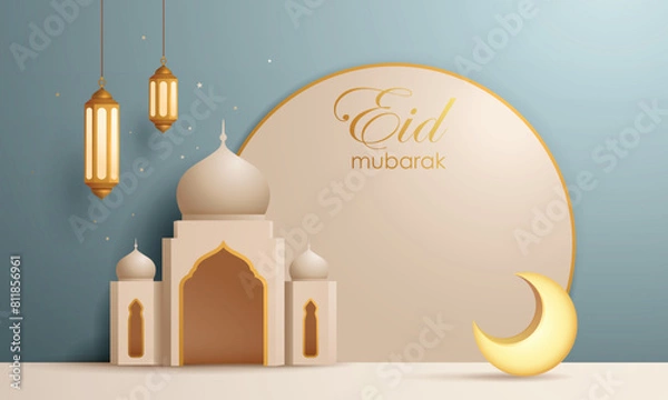 Fototapeta 3D illustration of Muslim Islamic festival theme display background with crescent moon, mosque and Islamic decorations.