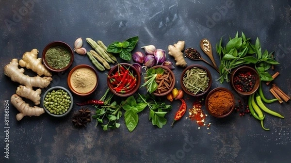 Obraz Artful Arrangement of Thai Herbs and Spices for Flavorful Culinary Creations