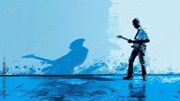 Fototapeta A guitar players silhouette creatively merges with paint splatters on a blue backdrop, capturing an artistic portrait of musical expression.