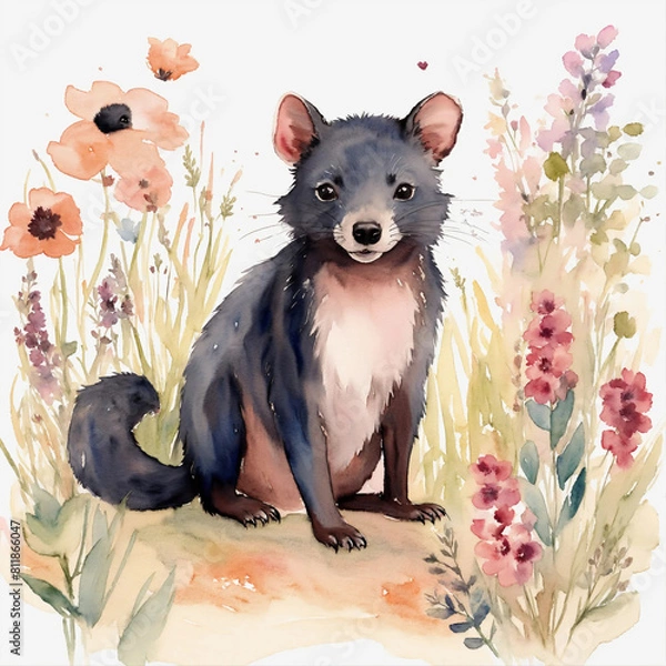 Obraz Cute tasmanian devil character with flowers