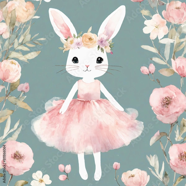 Obraz Cute Watercolour Rabbit character with flowers