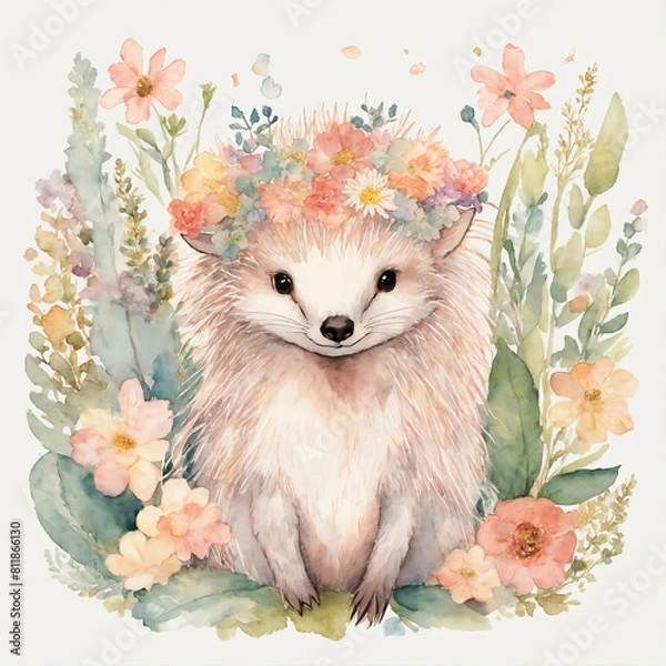 Obraz Cute echidna character with flowers