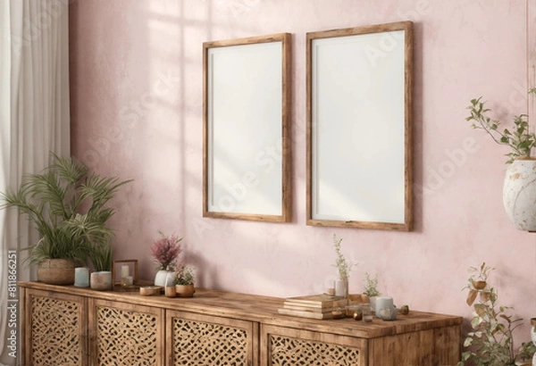 Obraz Double wooden frame mockup in boho living room