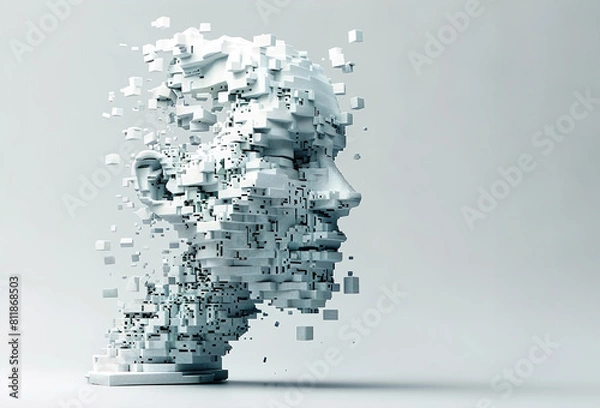 Fototapeta A face made of blocks is shown on a white background