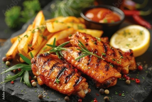 Fototapeta Succulent grilled chicken thighs with herbs alongside golden french fries served with dipping sauce on a dark slate board