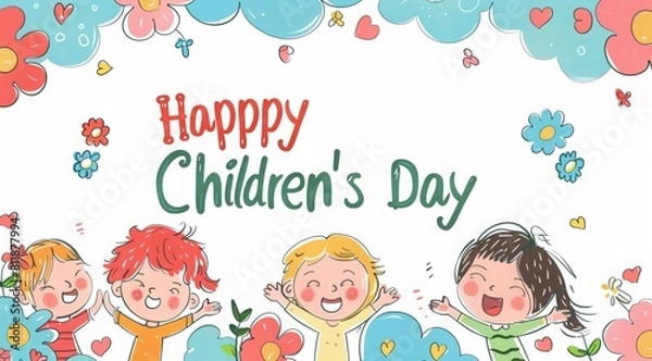 Fototapeta Happy Children's Day. children of all ages with happy faces smiling and laughing, cartoon characters with cute clouds in the background in the style of hand drawn illustrations. 