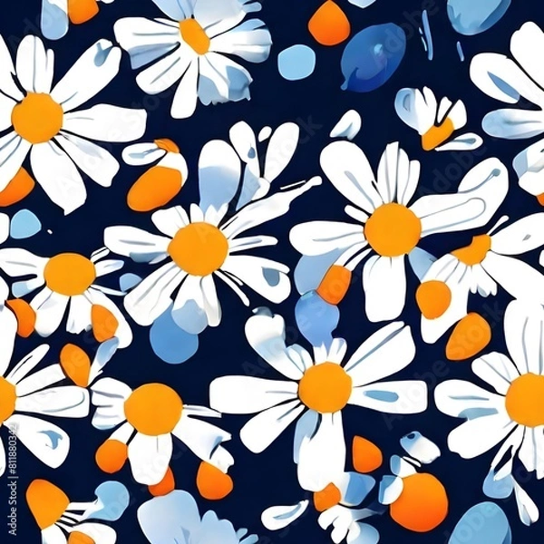 Fototapeta Daisy flower seamless pattern on blue background. Floral print with tiny chamomile great for fashion fabric, home decor textile and wallpaper
