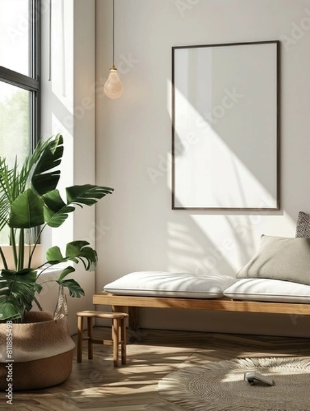Fototapeta Frame mockup, modern home interior, wall poster frame, 3D render