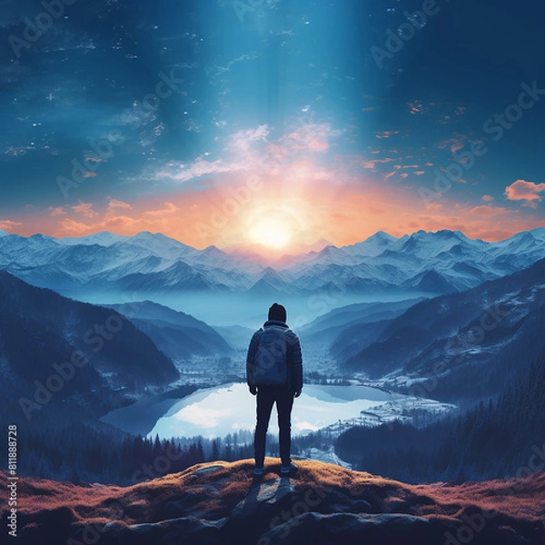 Fototapeta Wondrous image of spaceman travel through stargate with scifi landscape