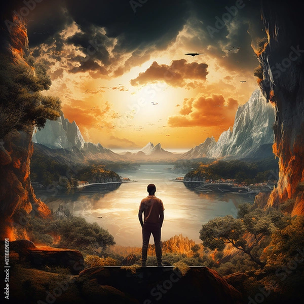 Fototapeta Wondrous image of spaceman travel through stargate with scifi landscape