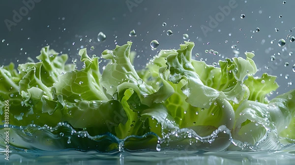 Fototapeta A high-speed capture of meticulously diced iceberg lettuce suspended weightlessly, glistening droplets trailing in crisp focus