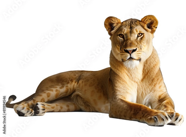 Fototapeta Create an image of a majestic lioness lying down on a white surface