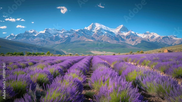 Fototapeta A stunning view of a purple lavender field stretching towards distant snow-capped mountains under a blue sky.