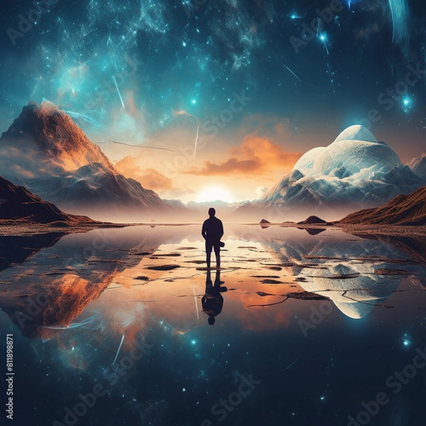 Fototapeta Wondrous image of spaceman travel through stargate with scifi landscape