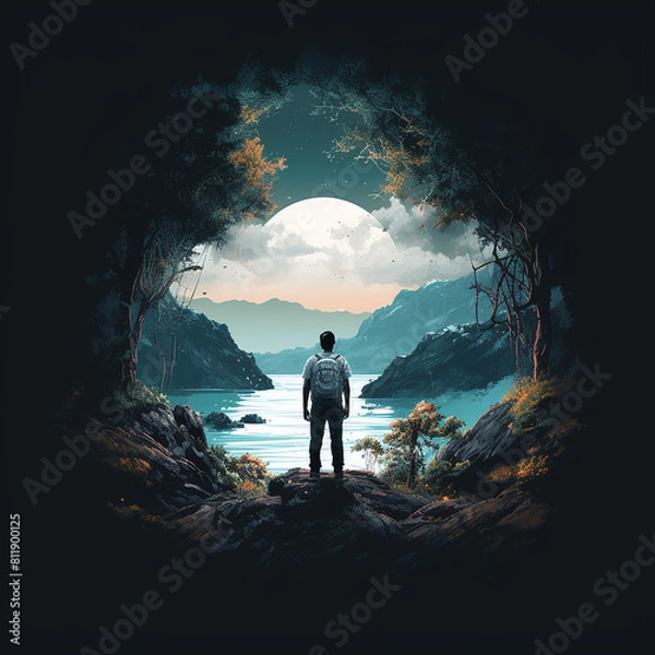 Fototapeta Wondrous image of spaceman travel through stargate with scifi landscape
