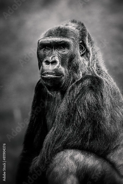 Fototapeta Black and white photograph of a lowland gorilla posing at a local zoo.
