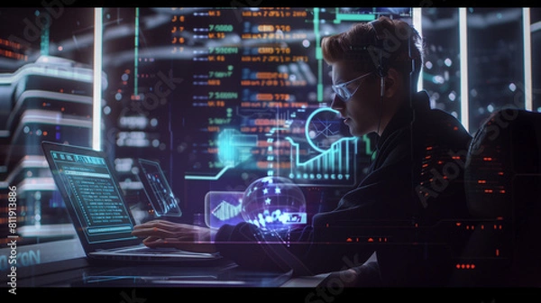 Fototapeta Man Working on Laptop Computer