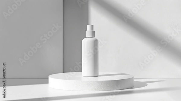 Fototapeta A white bottle placed on top of a white table in a minimalist setting