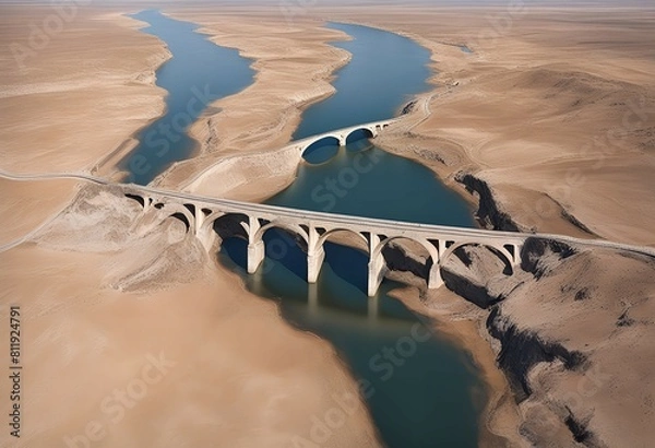 Obraz 広大な砂漠を流れる川にかかる石の橋