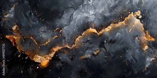 Fototapeta Dramatic Cosmic Fractal Landscape Formed by Weathered and Decaying Black Marble Textures with Golden Highlights