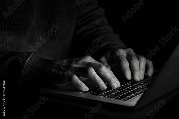 Fototapeta Black and white photo of a person typing on a laptop keyboard in the dark